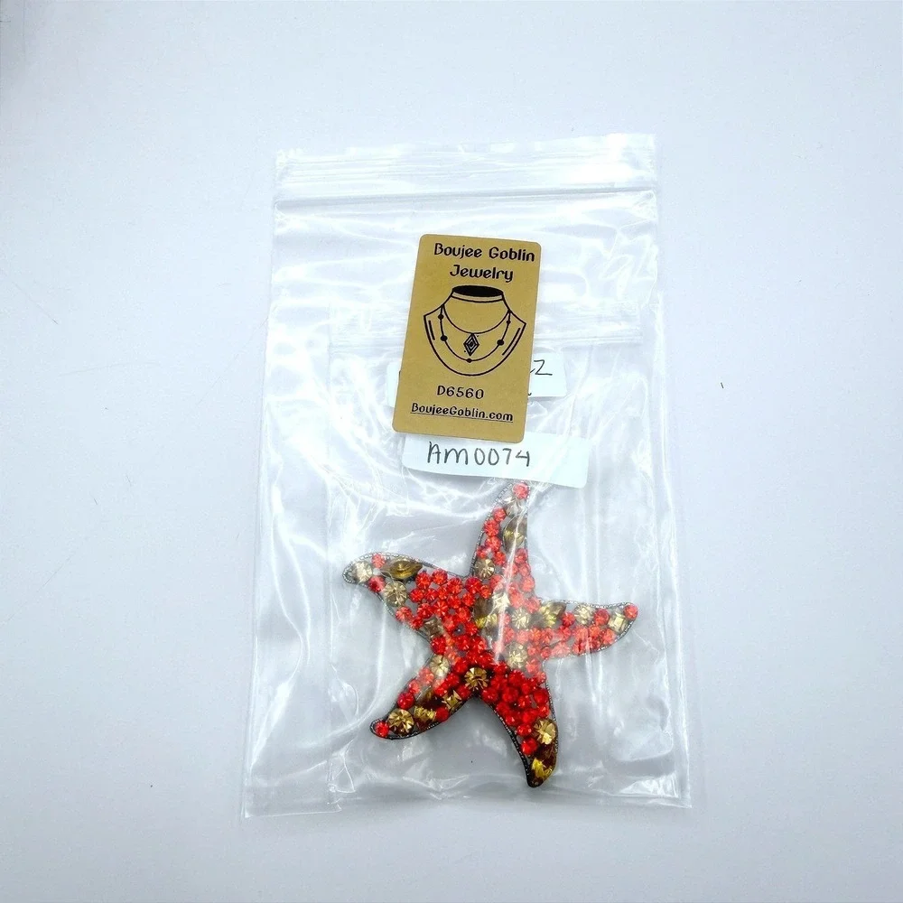Vintage Red Yellow Rhinestones Silver-Tone‎ Aluminium Starfish-Shaped Brooch Pin